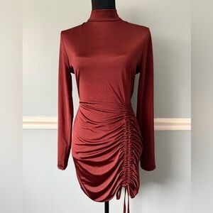 Chic Long Sleeve Ruched Dress - brown